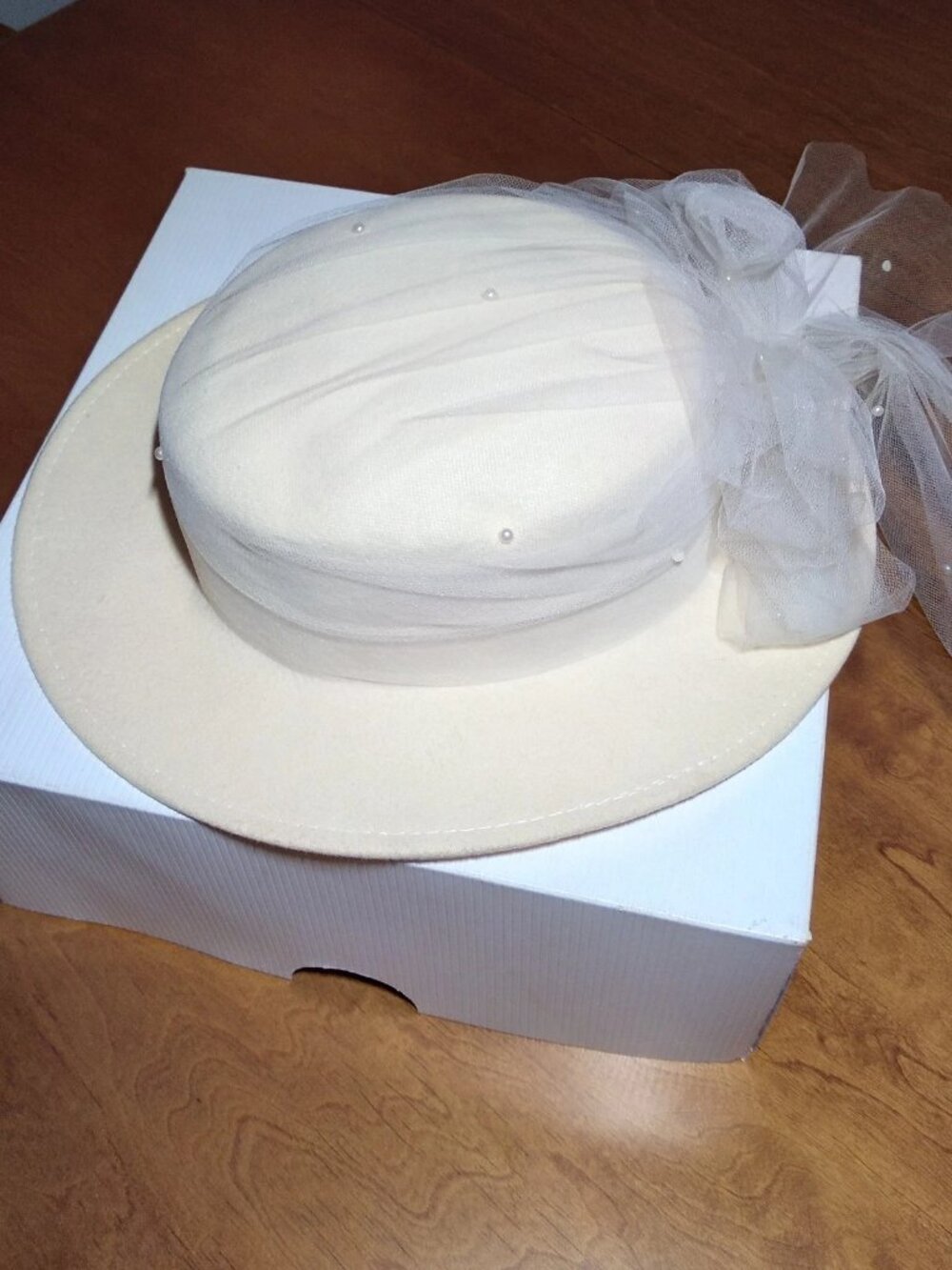 Vintage Wool Church Hat Cream Formal Dress Hat Pearl Beaded Tulle Derby Made USA